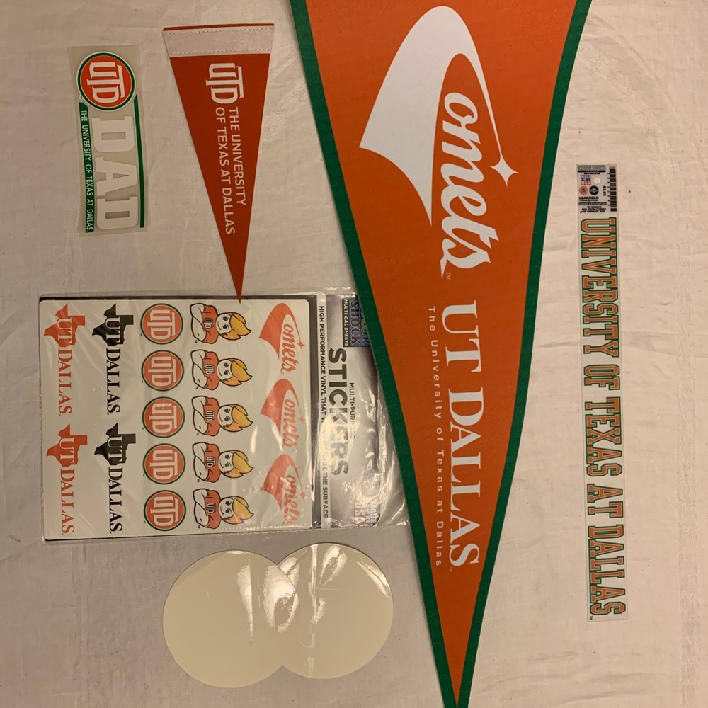 UT Dallas pennant flags, stickers, and decals